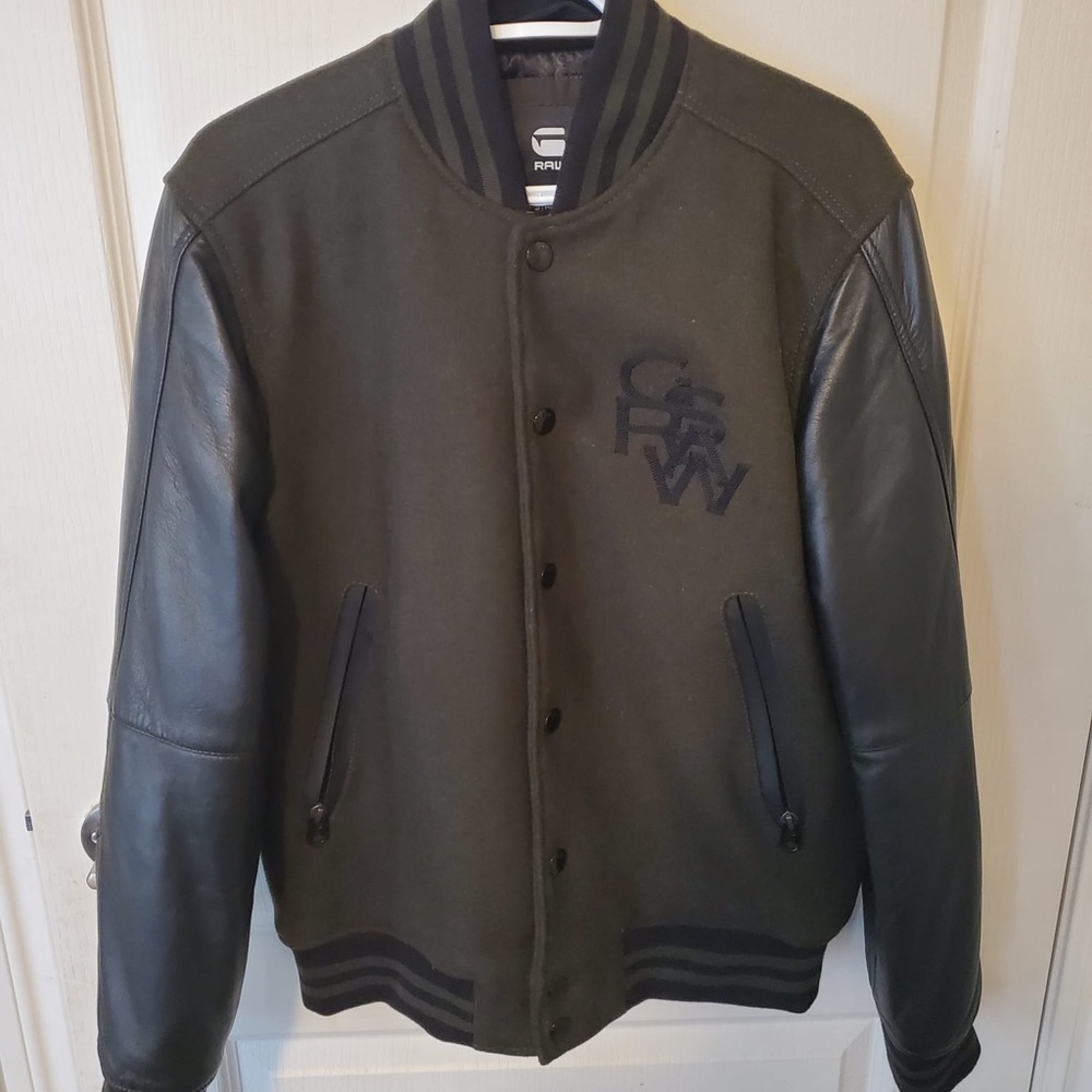 G Star Raw Leather Sleeve Varsity Bomber Jacket